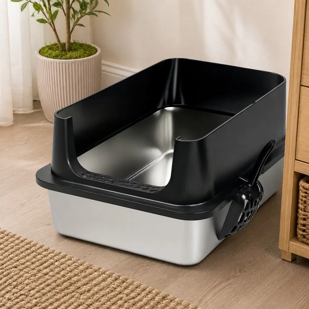 Large Enclosed Cat Litter Box Stainless Steel High Sided 60cm