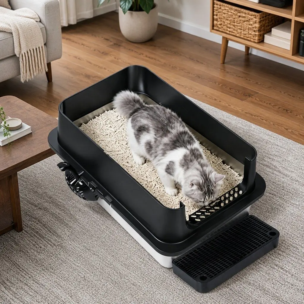 Large Enclosed Cat Litter Box Stainless Steel High Sided 60cm