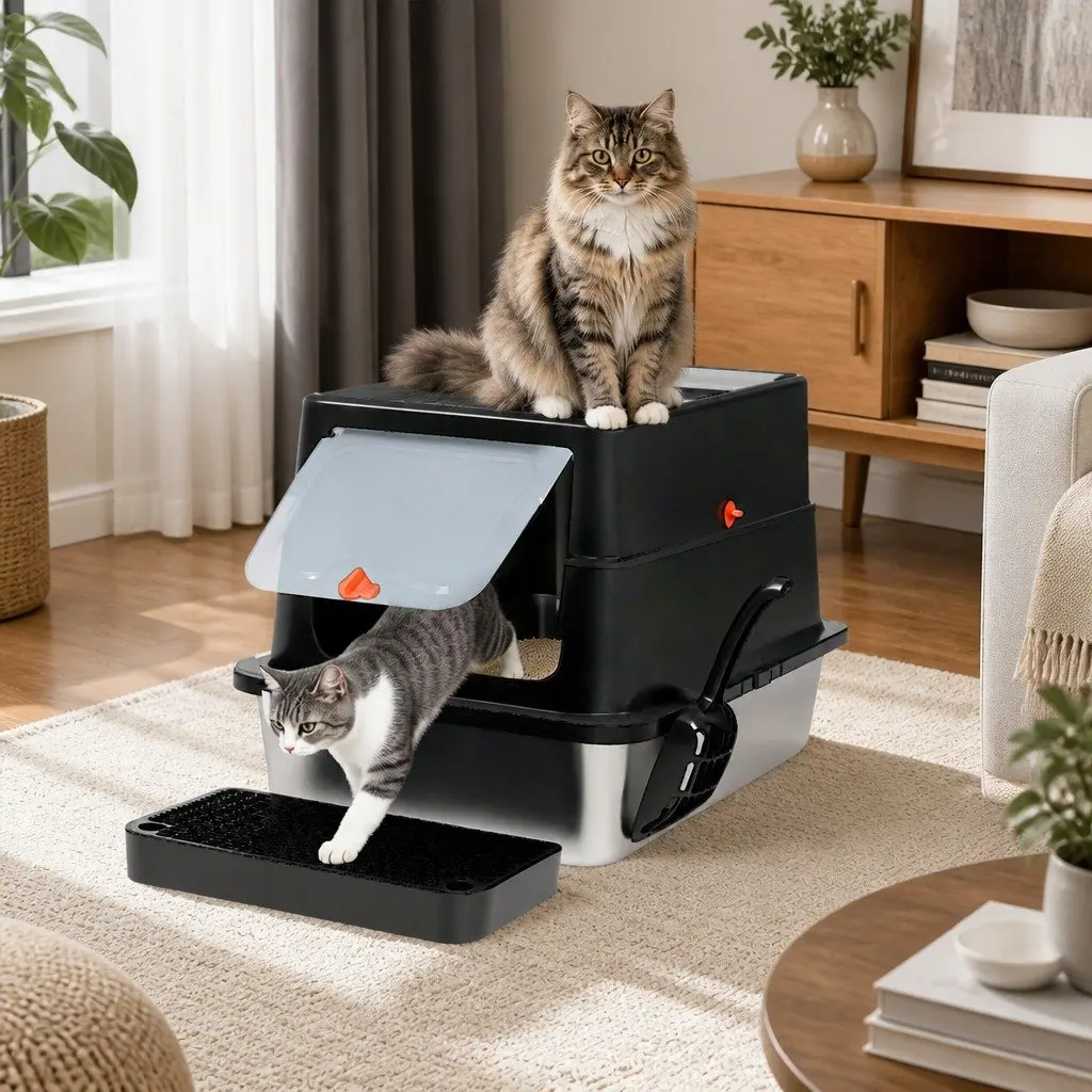 Large Enclosed Cat Litter Box Stainless Steel High Sided 60cm