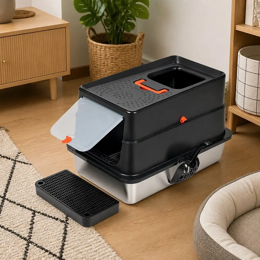 Large Enclosed Cat Litter Box Stainless Steel High Sided 60cm