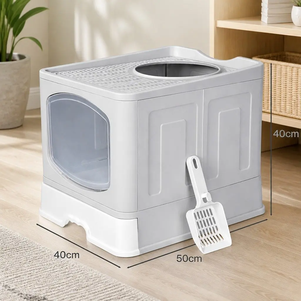 Cat Litter Box Top Entry Foldable Covered Tray Enclosed Private Space Grey 50cm x 40cm x 40cm