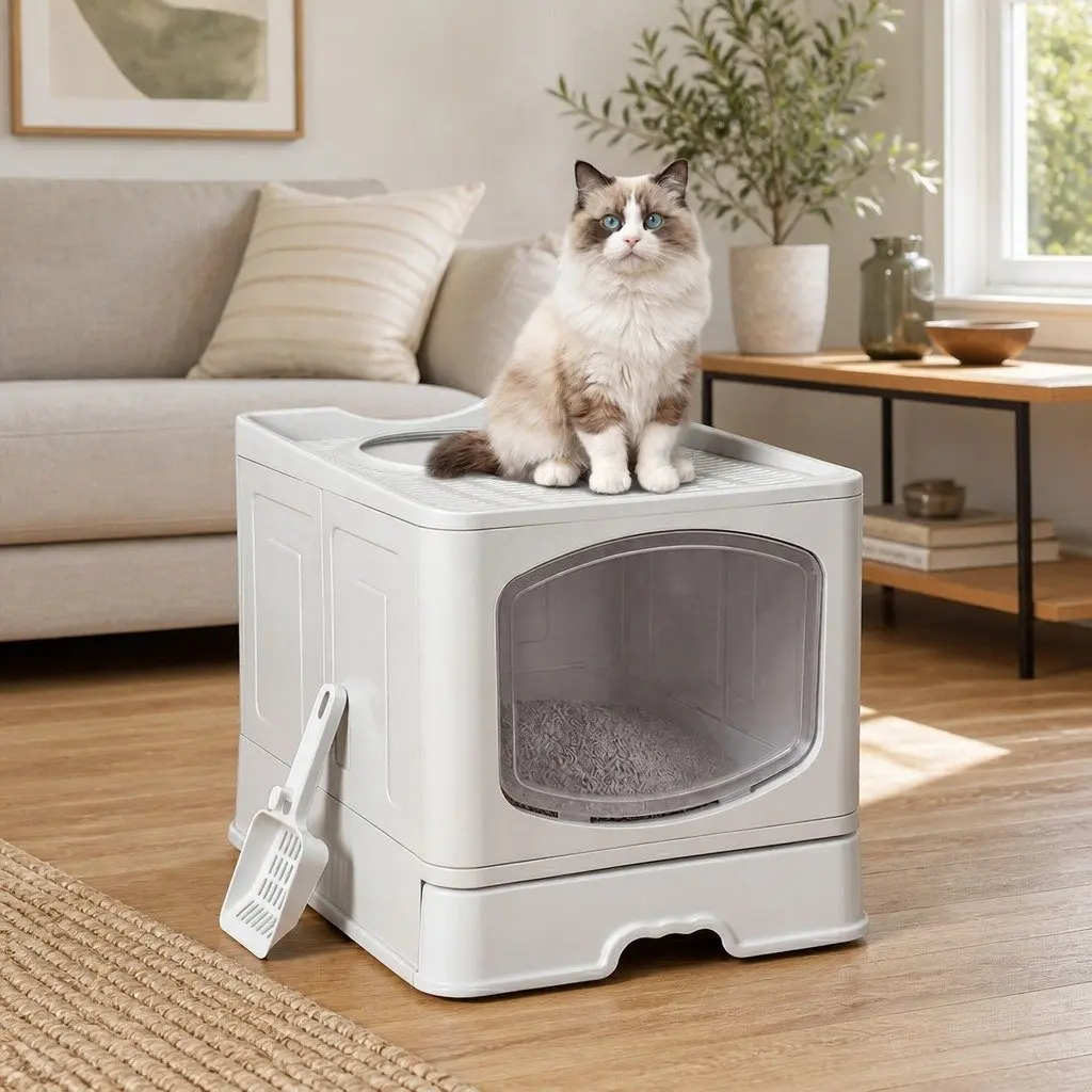 Cat Litter Box Top Entry Foldable Covered Tray Enclosed Private Space Grey 50cm x 40cm x 40cm