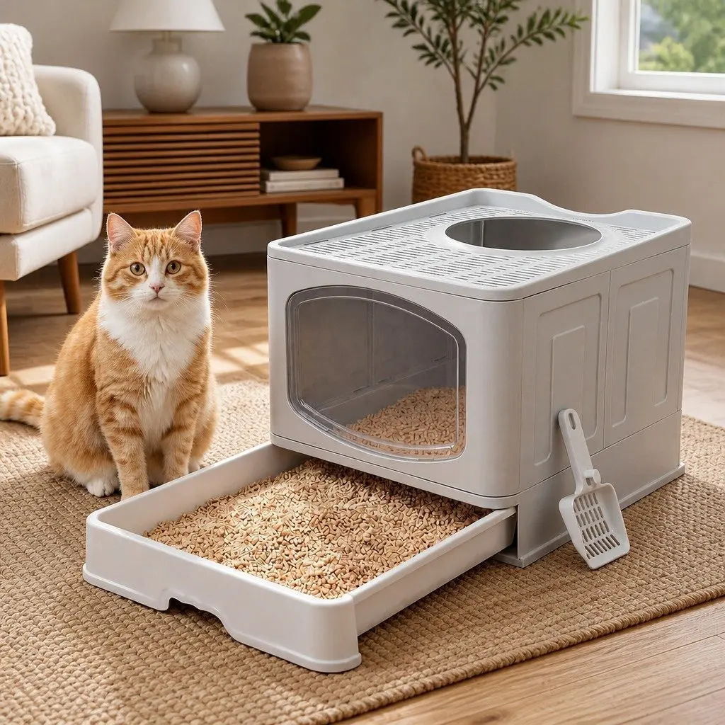 Cat Litter Box Top Entry Foldable Covered Tray Enclosed Private Space Grey 50cm x 40cm x 40cm