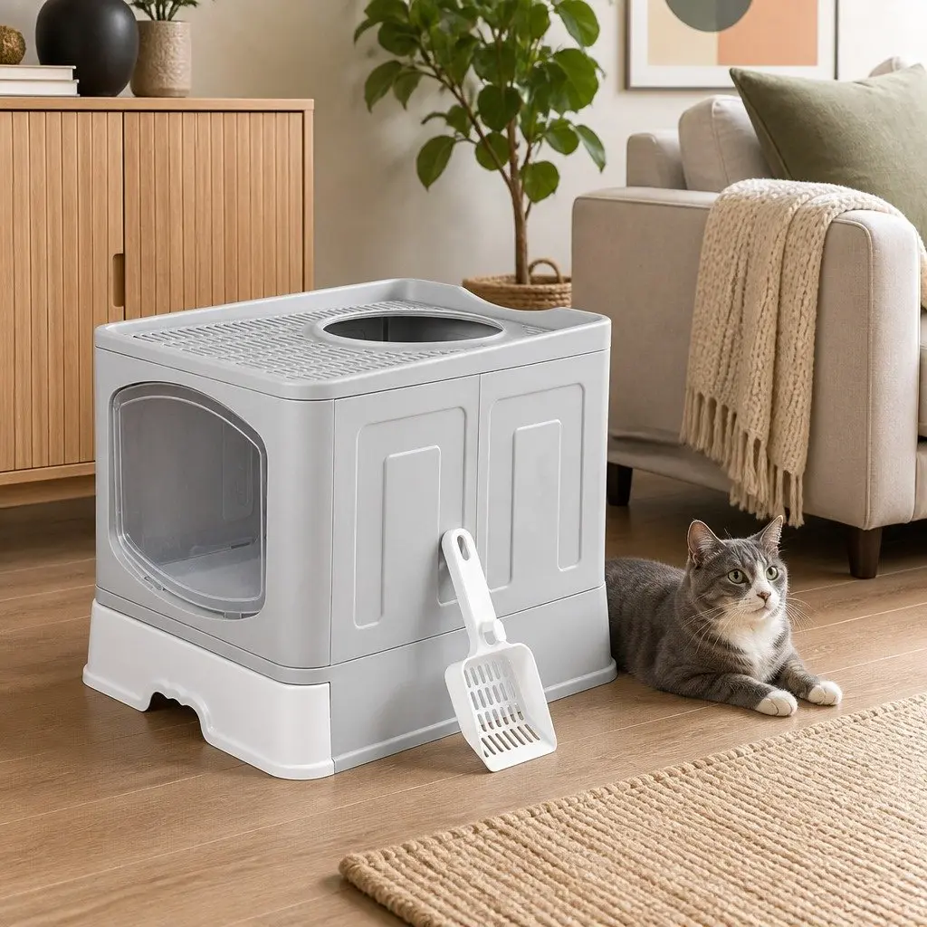 Cat Litter Box Top Entry Foldable Covered Tray Enclosed Private Space Grey 50cm x 40cm x 40cm