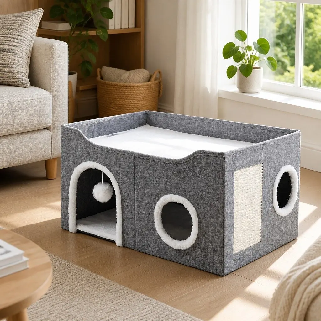 Foldable Cat House Cave Bed Hideaway with Scratching Board Interactive Nest