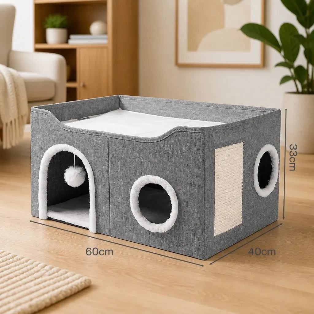 Foldable Cat House Cave Bed Hideaway with Scratching Board Interactive Nest