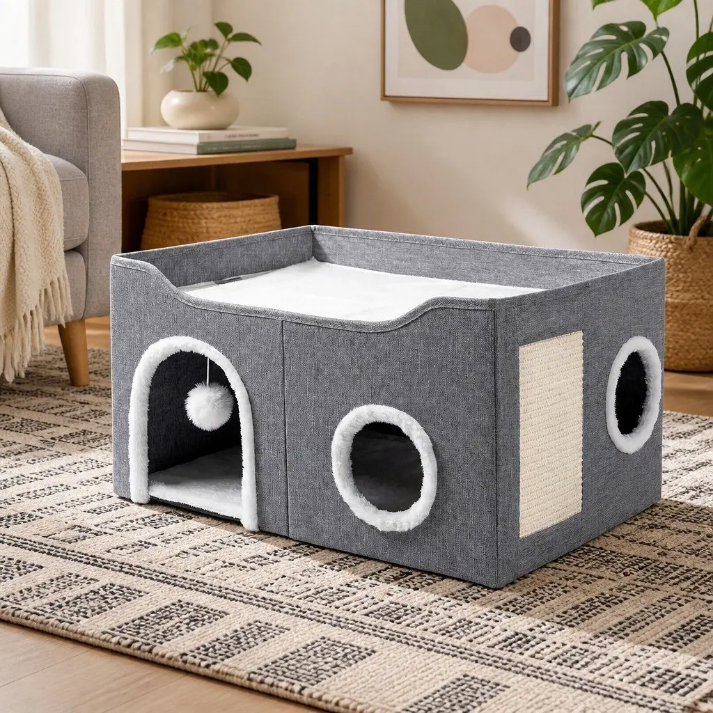 Foldable Cat House Cave Bed Hideaway with Scratching Board Interactive Nest