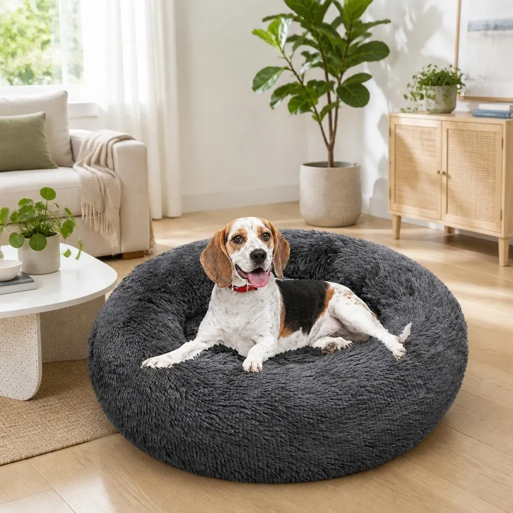 Round Plush Calming Pet Bed Nest Warm Cozy Sleep Dark Grey 90cm Dog Cat