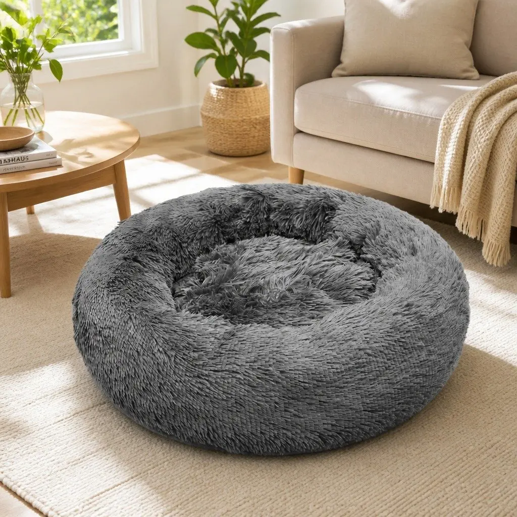 Round Plush Calming Pet Bed Nest Warm Cozy Sleep Dark Grey 90cm Dog Cat