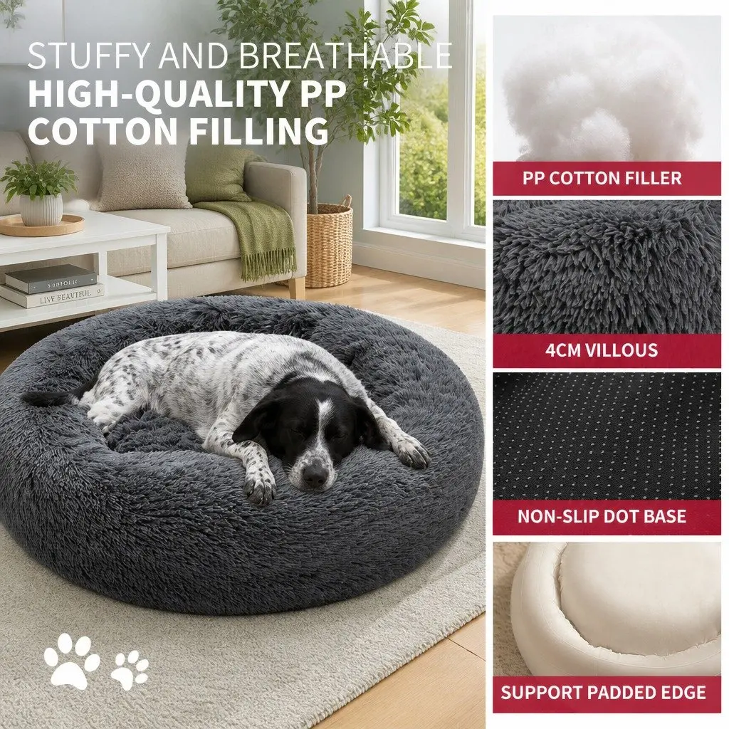 Round Plush Calming Pet Bed Nest Warm Cozy Sleep Dark Grey 90cm Dog Cat