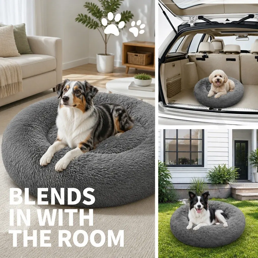 Round Plush Calming Pet Bed Nest Warm Cozy Sleep Dark Grey 90cm Dog Cat
