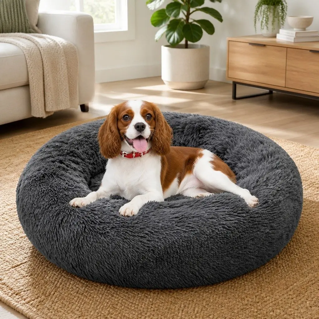 Plush Nesting Pet Bed Calming Sleep Mat 70cm Dark Grey for Dogs and Cats