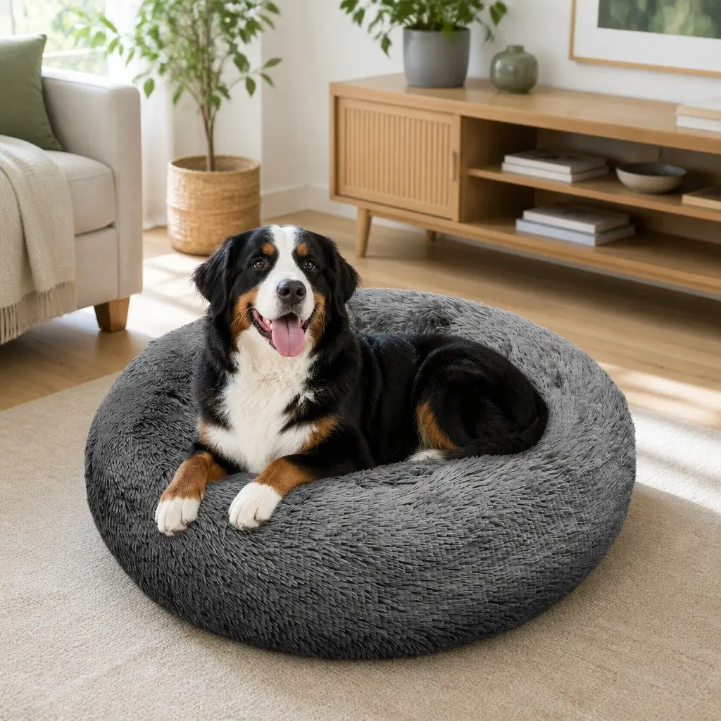 Pet Bed Round Nest Warm Plush Comfy Sleeping Dark Grey 100cm