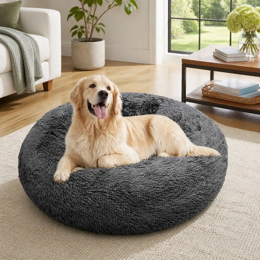 Pet Bed Round Nest Warm Plush Comfy Sleeping Dark Grey 100cm