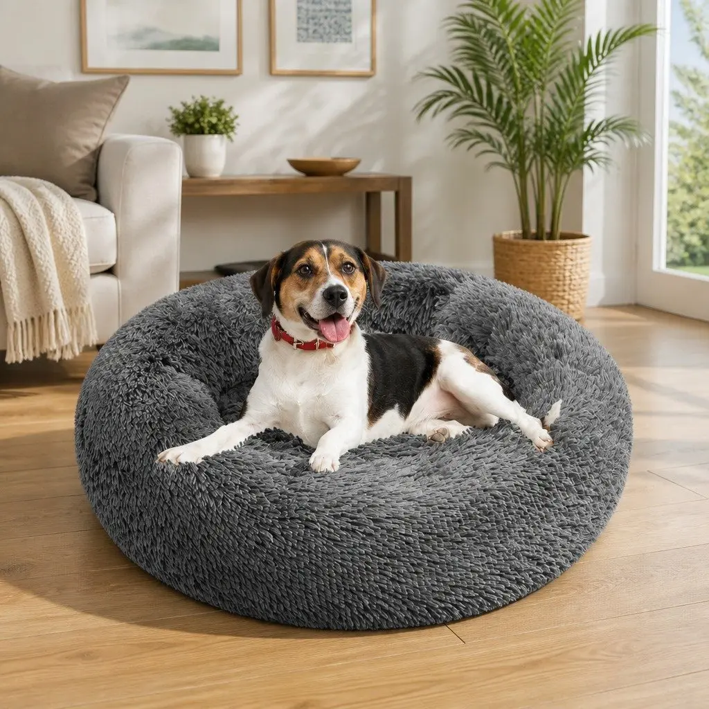 Pet Bed Round Nest Warm Plush Comfy Sleeping Dark Grey 100cm