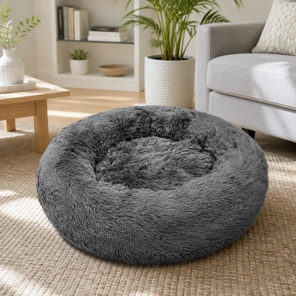 Pet Bed Round Nest Warm Plush Comfy Sleeping Dark Grey 100cm