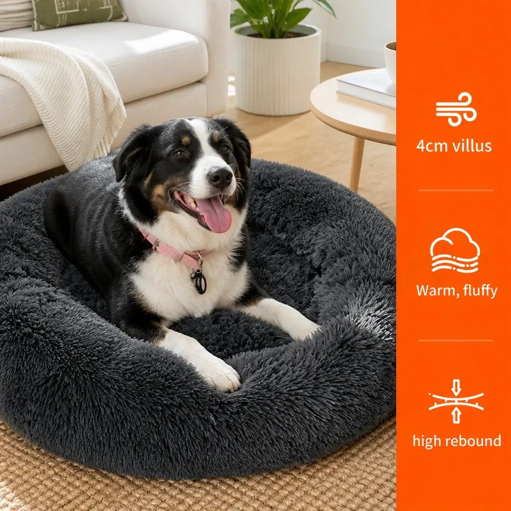 Pet Bed Round Nest Warm Plush Comfy Sleeping Dark Grey 100cm