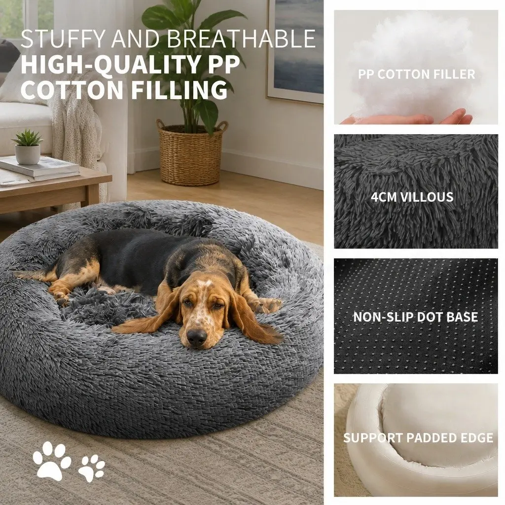 Pet Bed Round Nest Warm Plush Comfy Sleeping Dark Grey 100cm