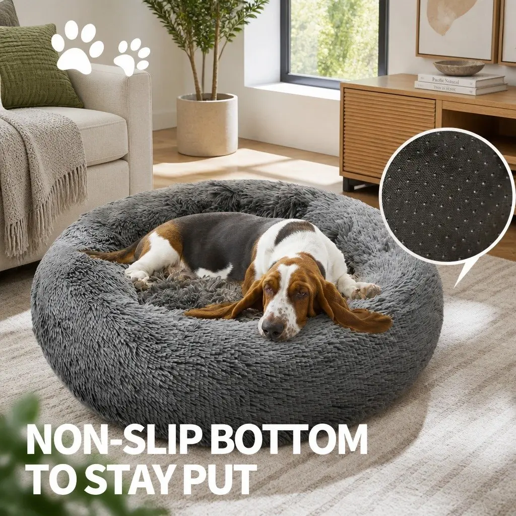 Pet Bed Round Nest Warm Plush Comfy Sleeping Dark Grey 100cm