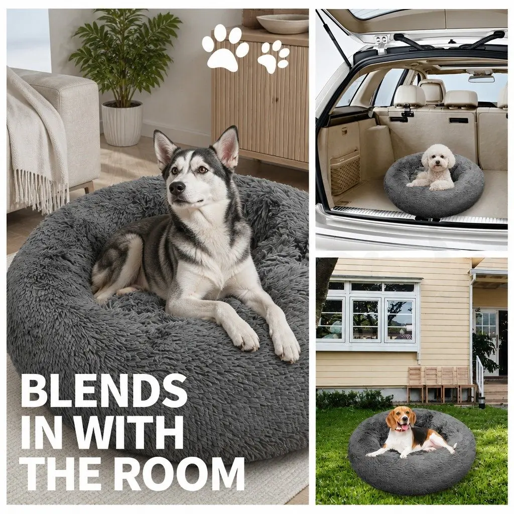 Pet Bed Round Nest Warm Plush Comfy Sleeping Dark Grey 100cm
