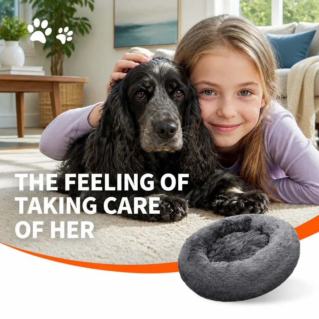 Pet Bed Round Nest Warm Plush Comfy Sleeping Dark Grey 100cm