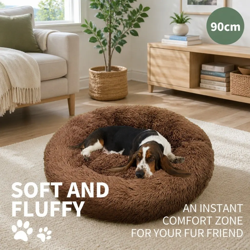 Dog Bed Plush Warm Round Cushion Non-Slip 90cm Light Coffee