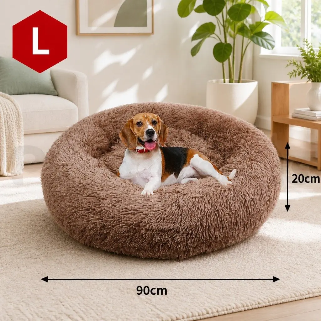Dog Bed Plush Warm Round Cushion Non-Slip 90cm Light Coffee
