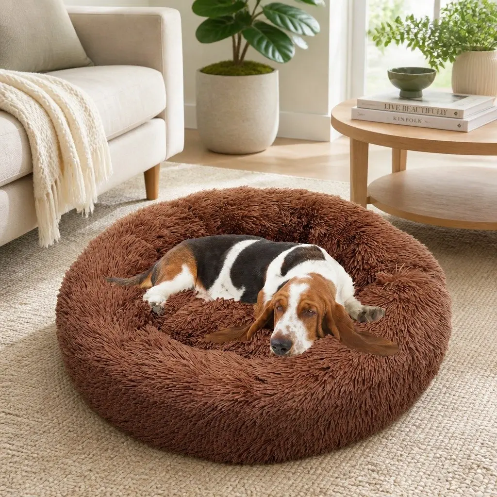 Dog Bed Plush Warm Round Cushion Non-Slip 90cm Light Coffee