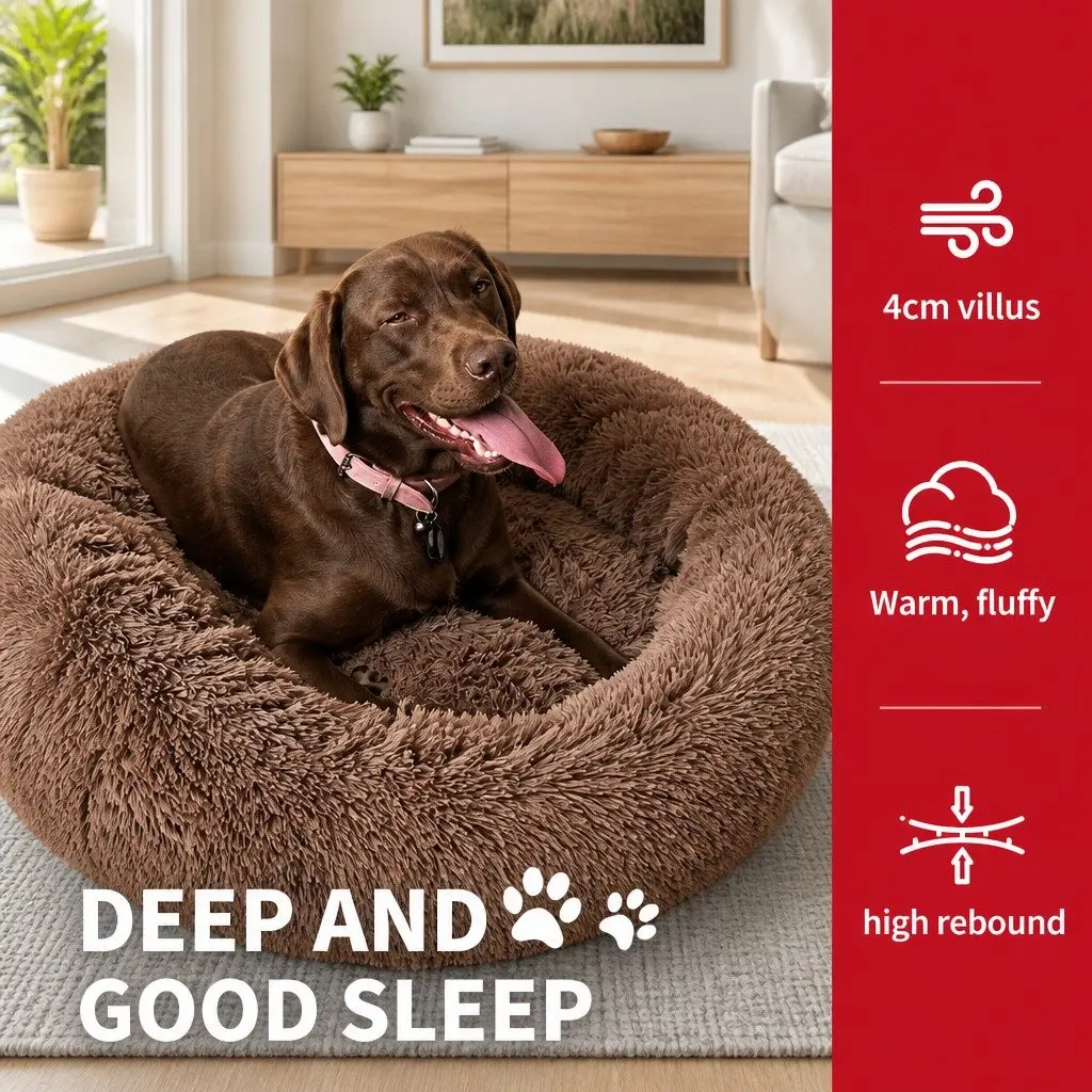 Dog Bed Plush Warm Round Cushion Non-Slip 90cm Light Coffee