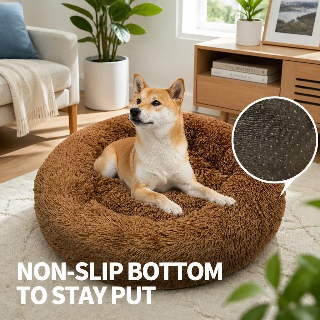 Dog Bed Plush Warm Round Cushion Non-Slip 90cm Light Coffee