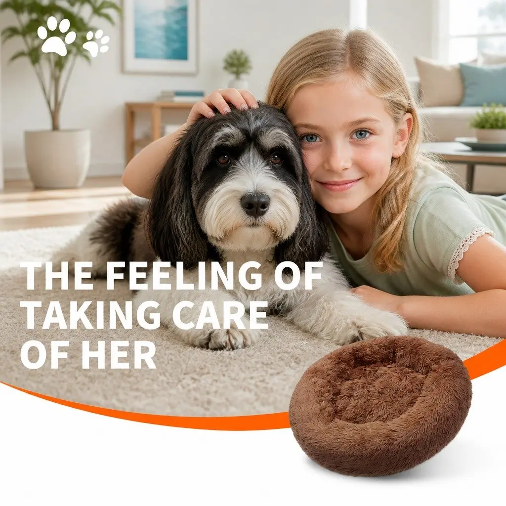 Dog Bed Plush Warm Round Cushion Non-Slip 90cm Light Coffee