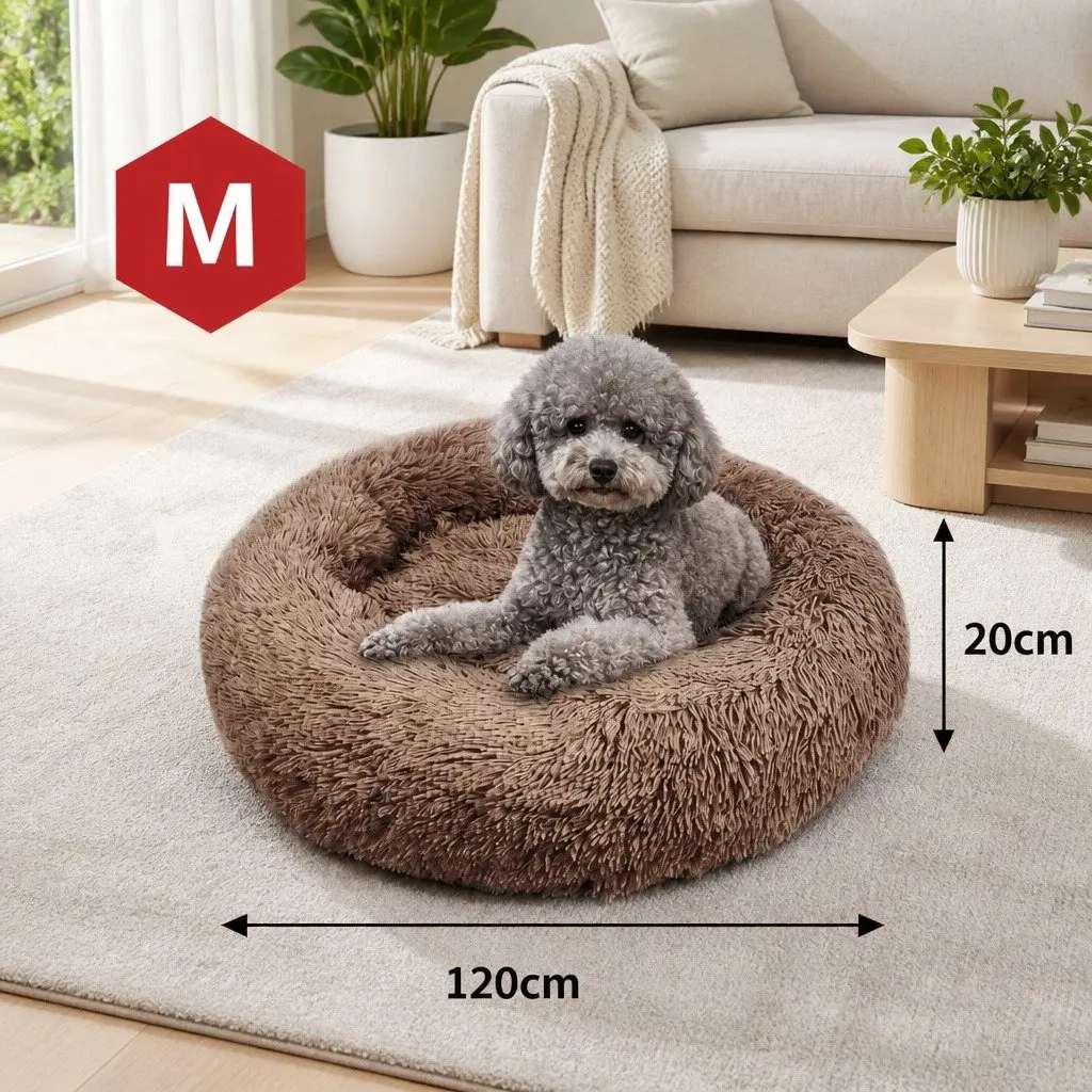 Pet Dog Bed Round Plush Nest Warm Sleeping Kennel Coffee M 70cm Diameter