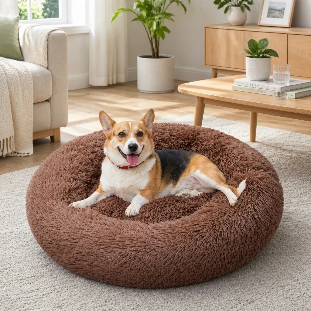 Pet Dog Bed Round Plush Nest Warm Sleeping Kennel Coffee M 70cm Diameter