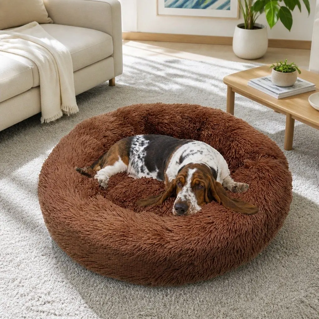 Pet Dog Bed Round Plush Nest Warm Sleeping Kennel Coffee M 70cm Diameter