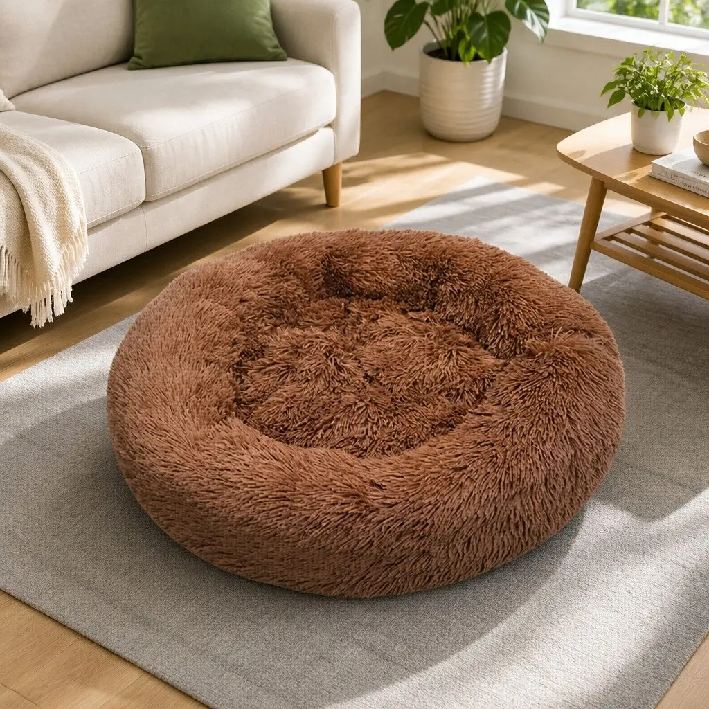 Pet Dog Bed Round Plush Nest Warm Sleeping Kennel Coffee M 70cm Diameter