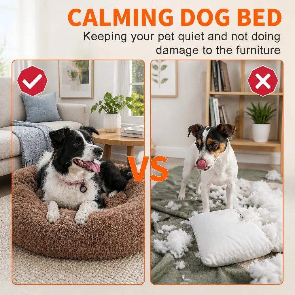 Pet Dog Bed Round Plush Nest Warm Sleeping Kennel Coffee M 70cm Diameter