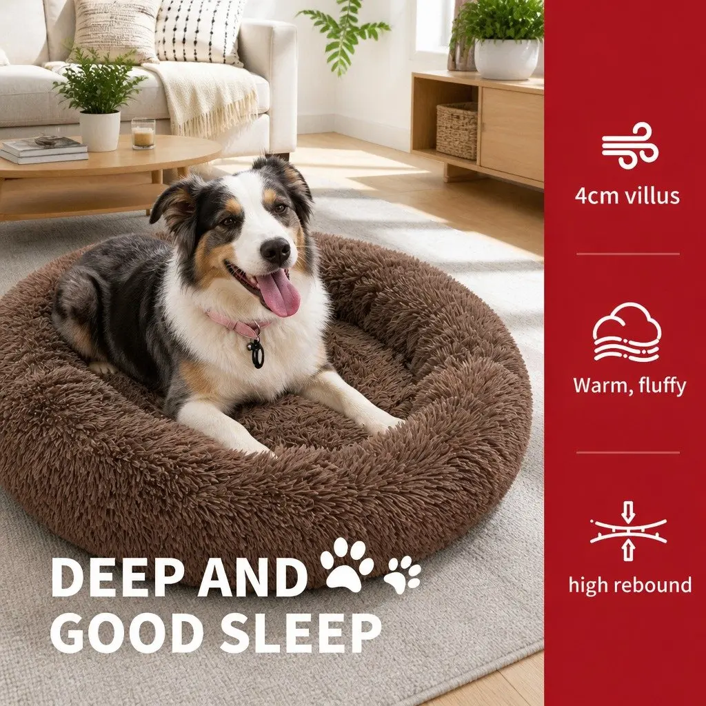 Pet Dog Bed Round Plush Nest Warm Sleeping Kennel Coffee M 70cm Diameter