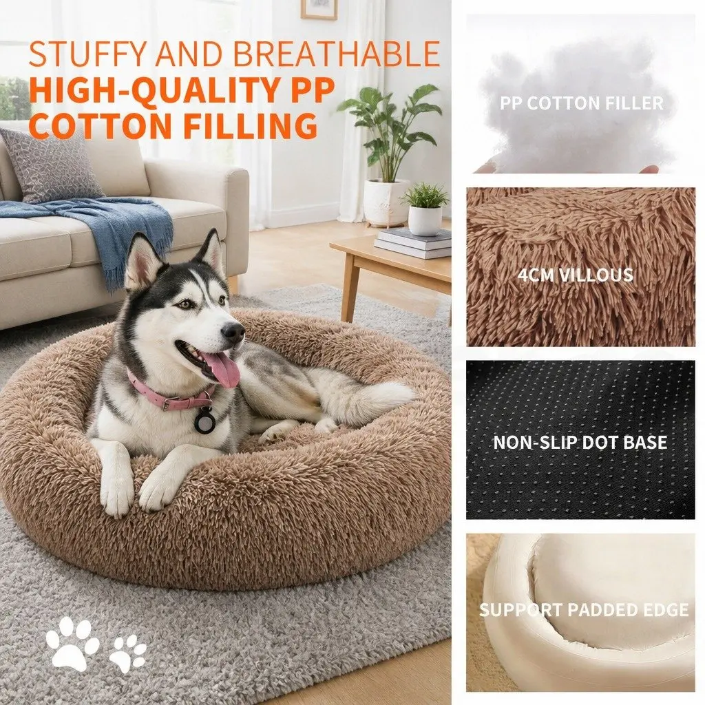 Pet Dog Bed Round Plush Nest Warm Sleeping Kennel Coffee M 70cm Diameter