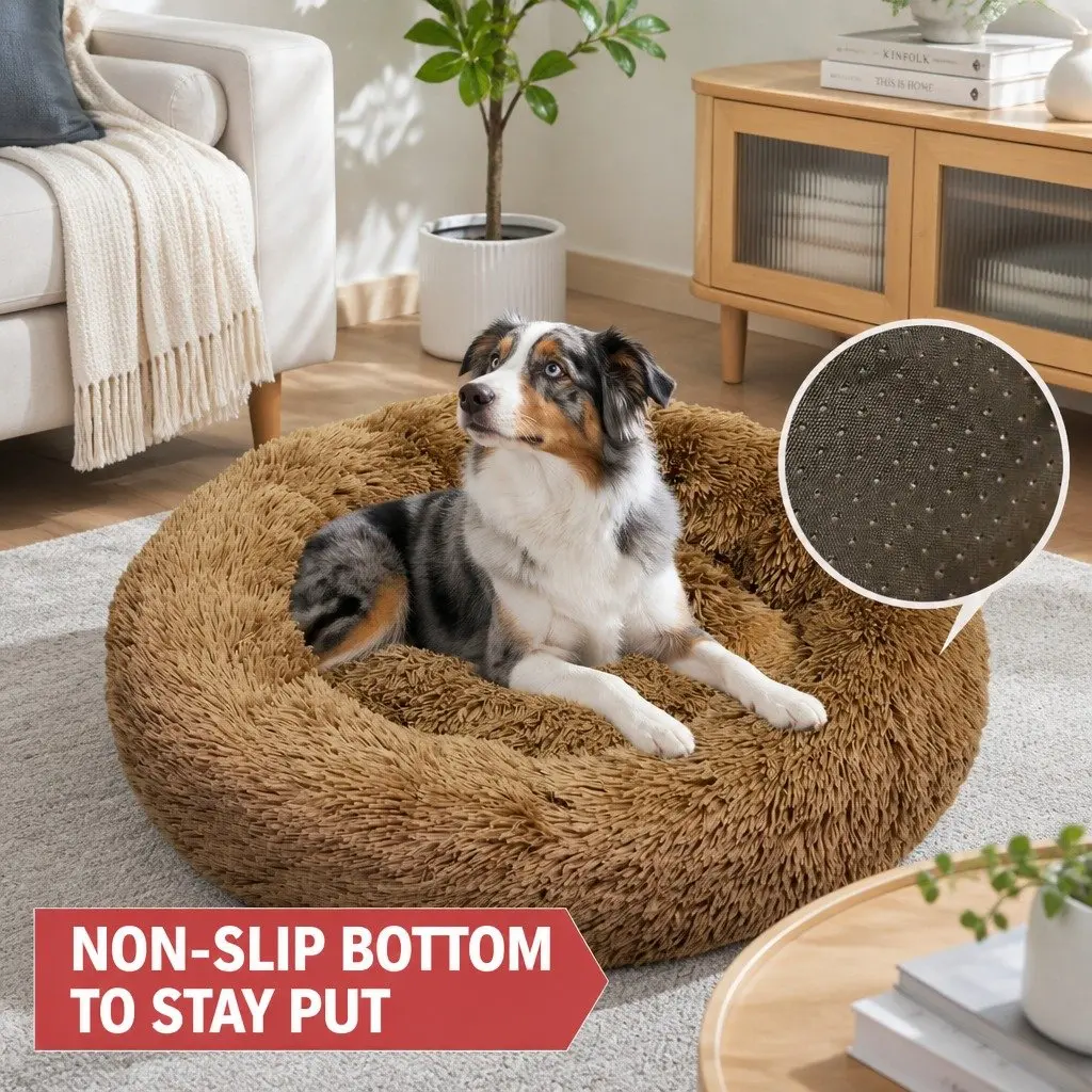 Pet Dog Bed Round Plush Nest Warm Sleeping Kennel Coffee M 70cm Diameter
