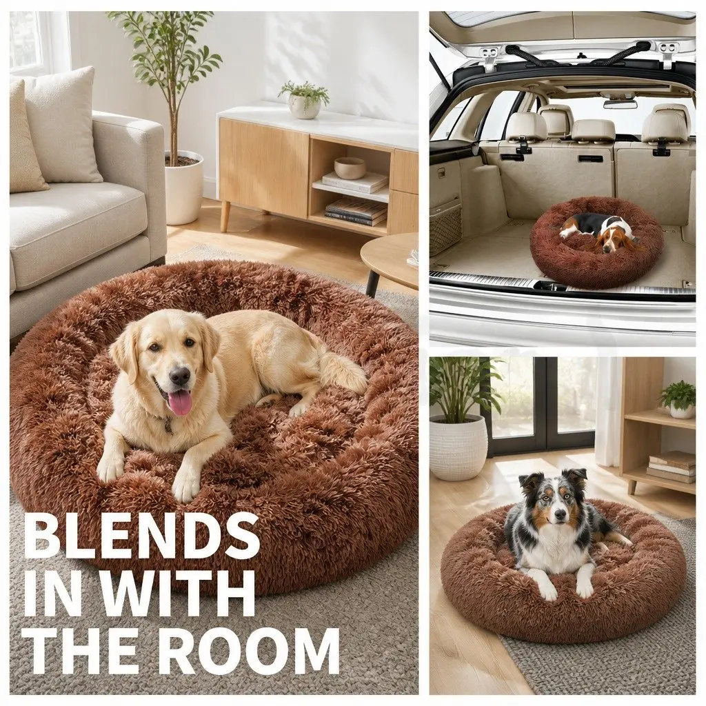 Pet Dog Bed Round Plush Nest Warm Sleeping Kennel Coffee M 70cm Diameter