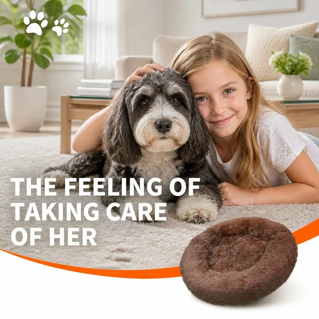 Pet Dog Bed Round Plush Nest Warm Sleeping Kennel Coffee M 70cm Diameter