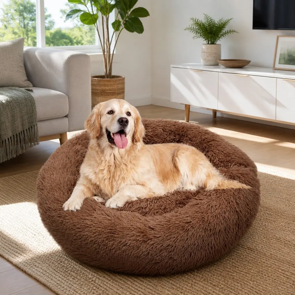 XL Round Dog Bed Soft Plush 100cm Light Coffee