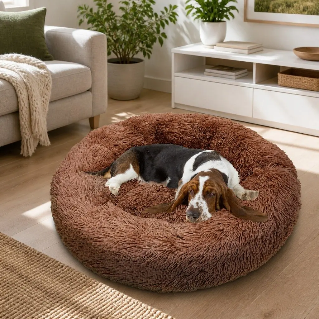 XL Round Dog Bed Soft Plush 100cm Light Coffee