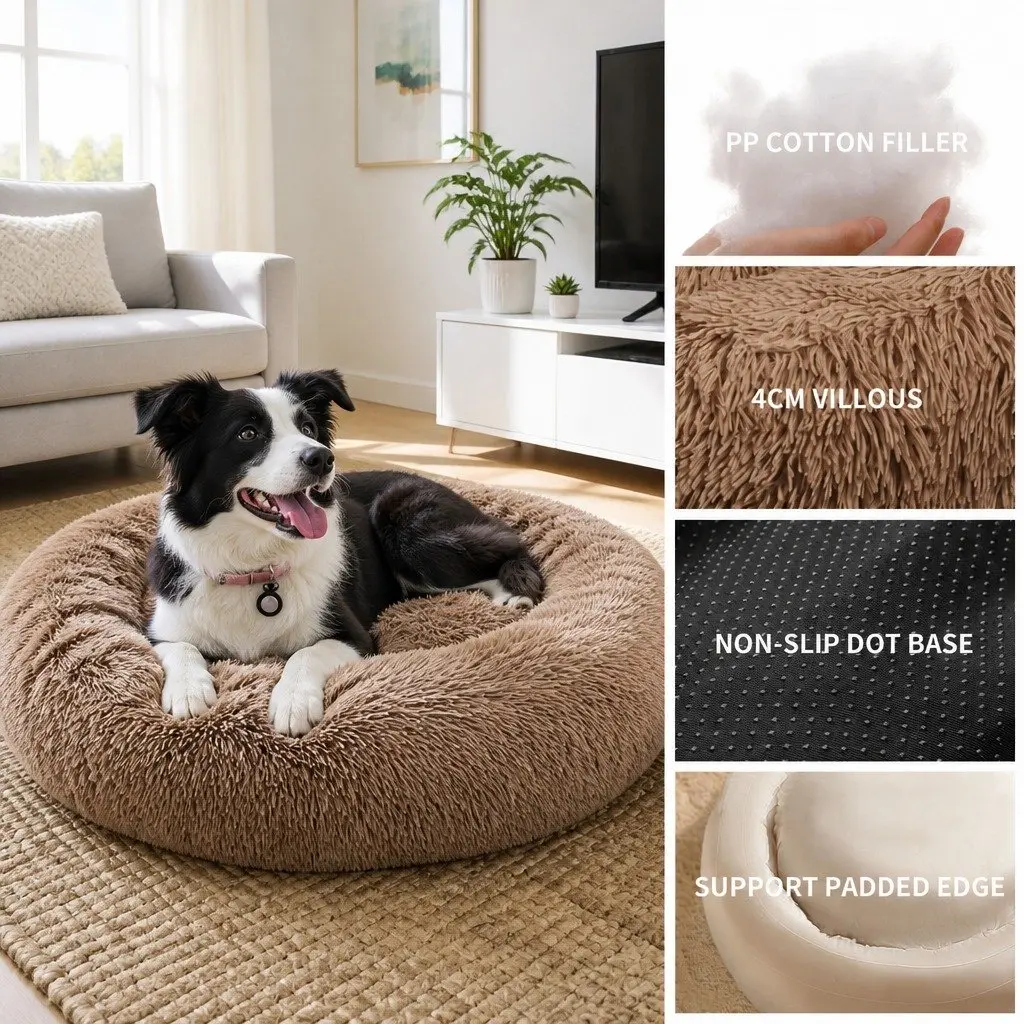 XL Round Dog Bed Soft Plush 100cm Light Coffee
