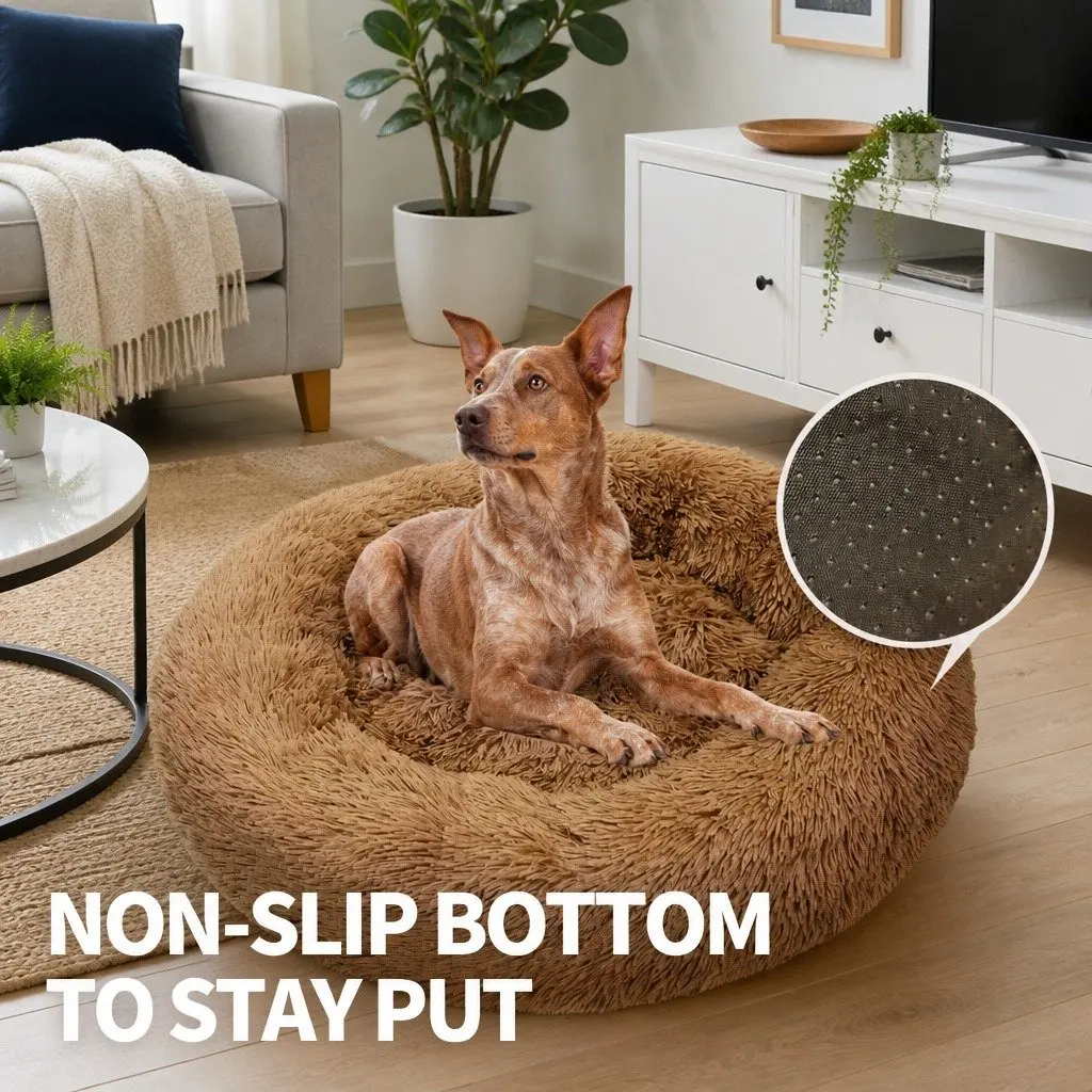 XL Round Dog Bed Soft Plush 100cm Light Coffee
