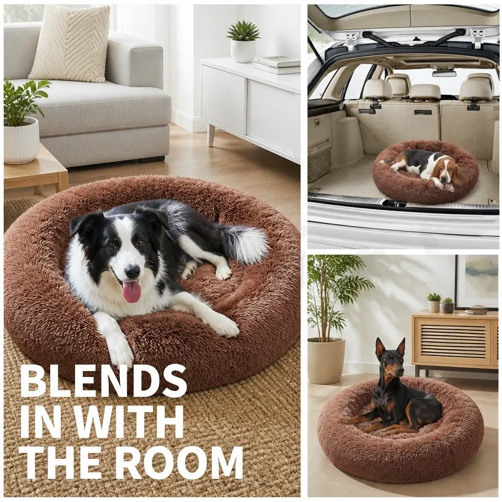 XL Round Dog Bed Soft Plush 100cm Light Coffee
