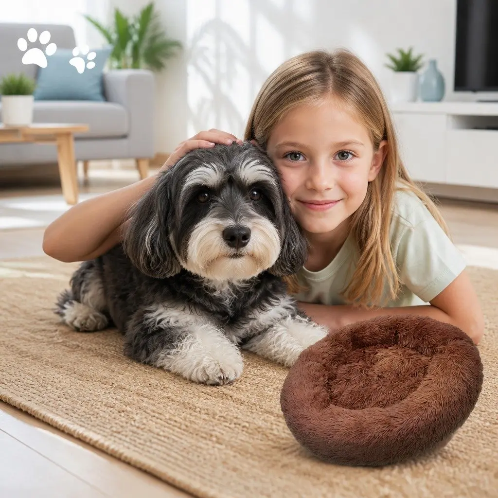 XL Round Dog Bed Soft Plush 100cm Light Coffee