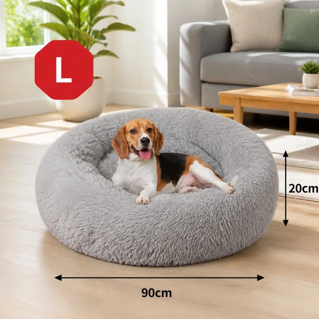 Plush Dog Bed Large Round 90cm Light Grey