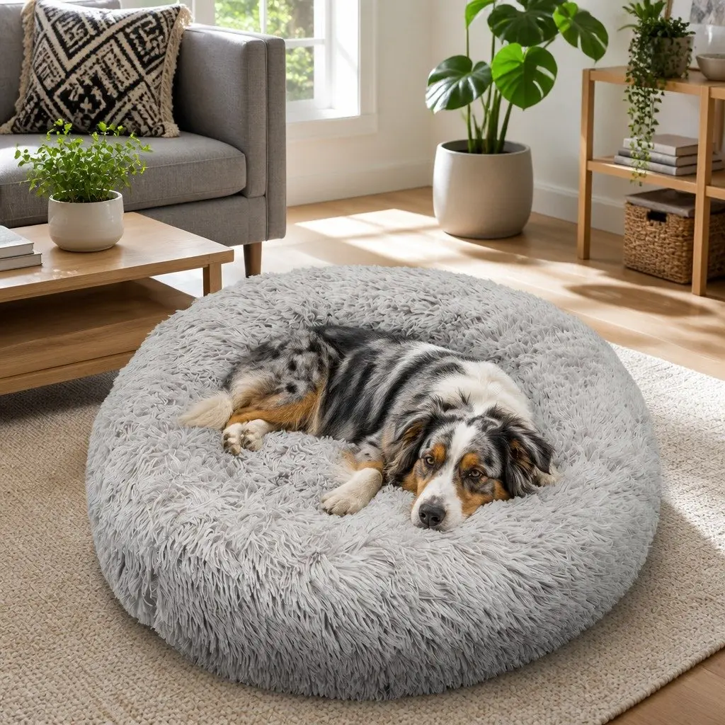 Plush Dog Bed Large Round 90cm Light Grey