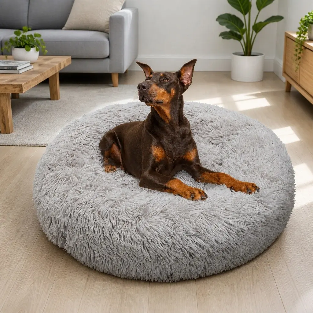 Plush Dog Bed Large Round 90cm Light Grey